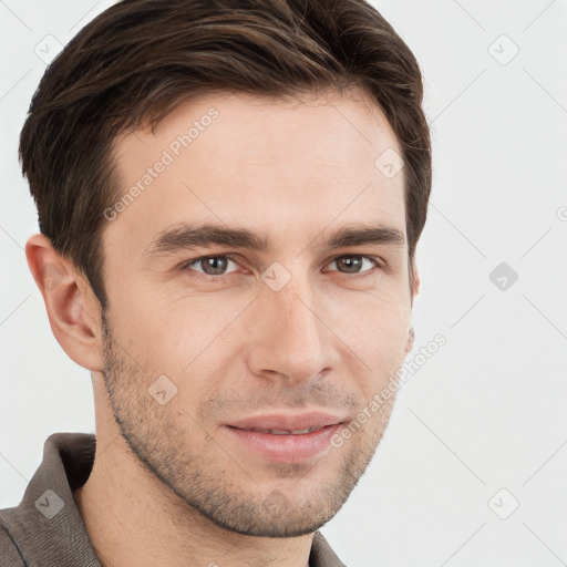 Neutral white young-adult male with short  brown hair and grey eyes