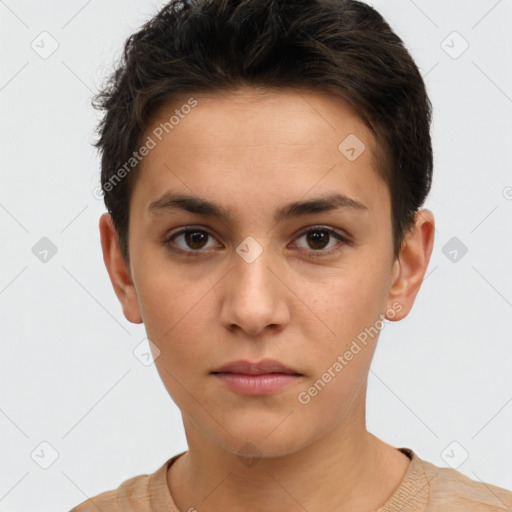 Neutral white young-adult female with short  brown hair and brown eyes