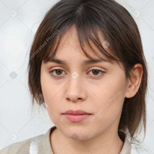 Neutral white young-adult female with medium  brown hair and brown eyes