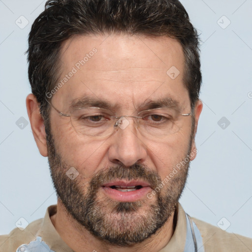 Joyful white middle-aged male with short  brown hair and brown eyes