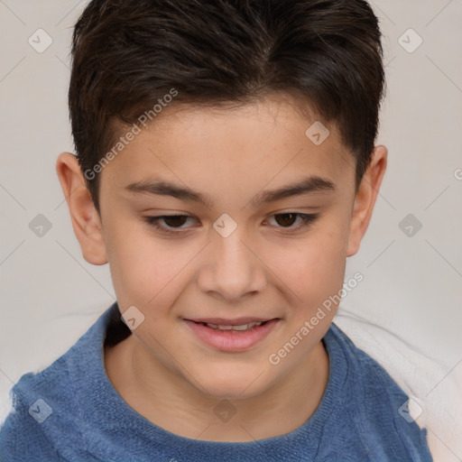 Joyful white child male with short  brown hair and brown eyes