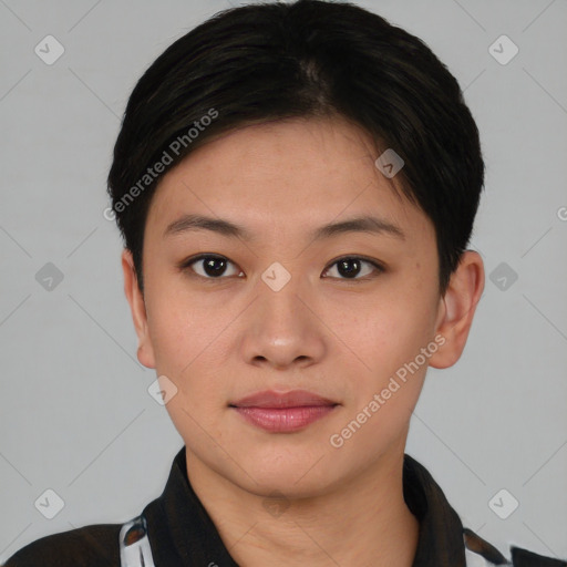 Joyful asian young-adult female with short  black hair and brown eyes