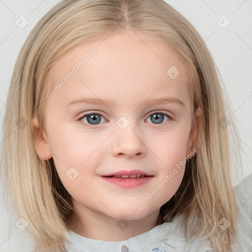 Joyful white child female with medium  brown hair and blue eyes