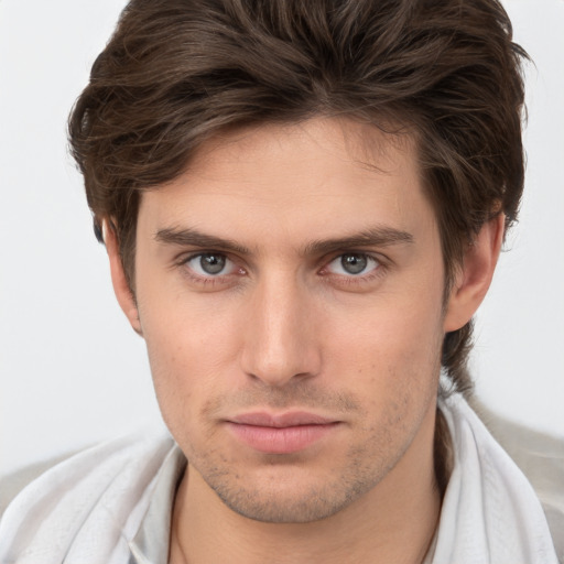 Neutral white young-adult male with short  brown hair and brown eyes