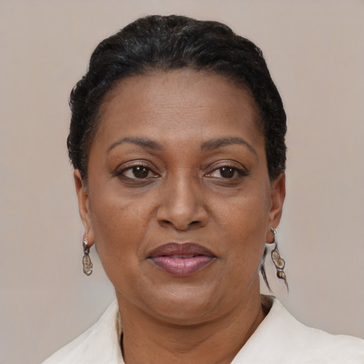 Joyful black adult female with short  brown hair and brown eyes