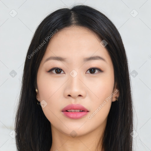 Neutral asian young-adult female with long  black hair and brown eyes