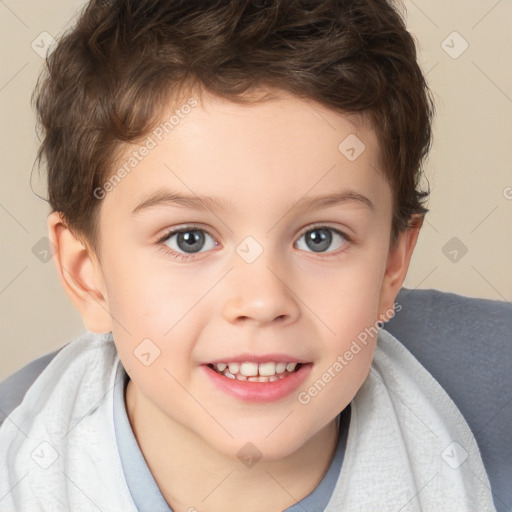 Joyful white child male with short  brown hair and brown eyes