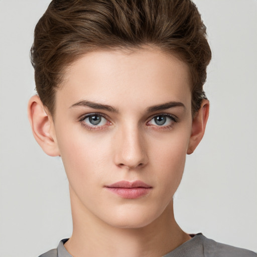 Neutral white young-adult female with short  brown hair and brown eyes