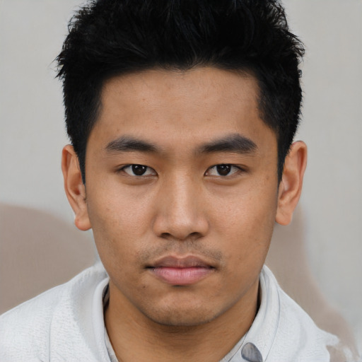 Neutral asian young-adult male with short  black hair and brown eyes