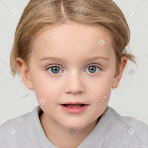 Joyful white child female with medium  brown hair and blue eyes