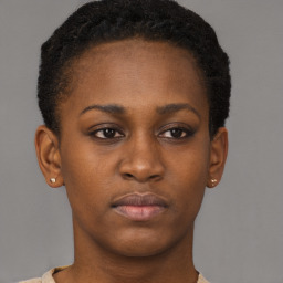 Neutral black young-adult female with short  brown hair and brown eyes