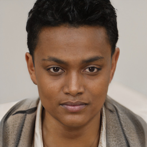 Neutral black young-adult male with short  black hair and brown eyes