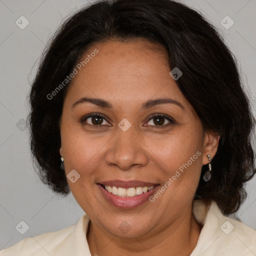 Joyful white adult female with medium  brown hair and brown eyes