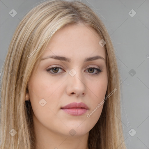 Neutral white young-adult female with long  brown hair and brown eyes