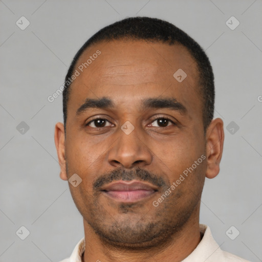 Neutral black young-adult male with short  black hair and brown eyes