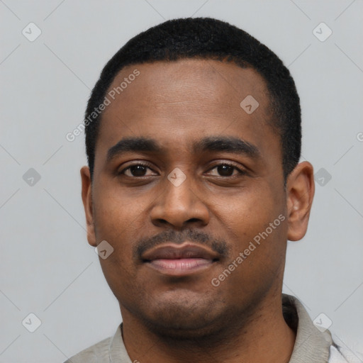 Neutral black young-adult male with short  black hair and brown eyes