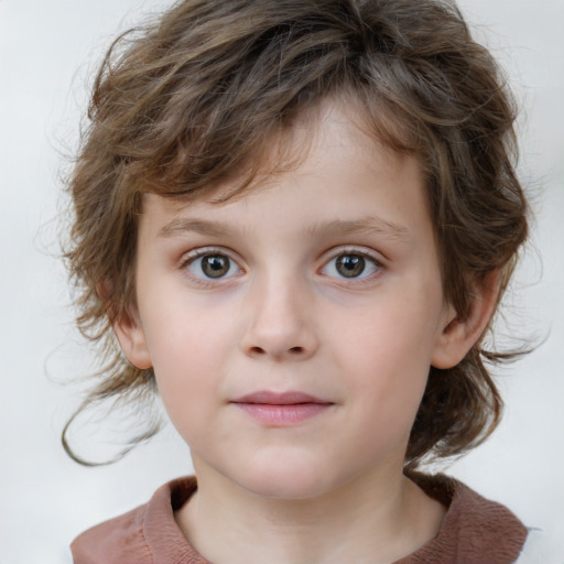 Neutral white child female with medium  brown hair and grey eyes