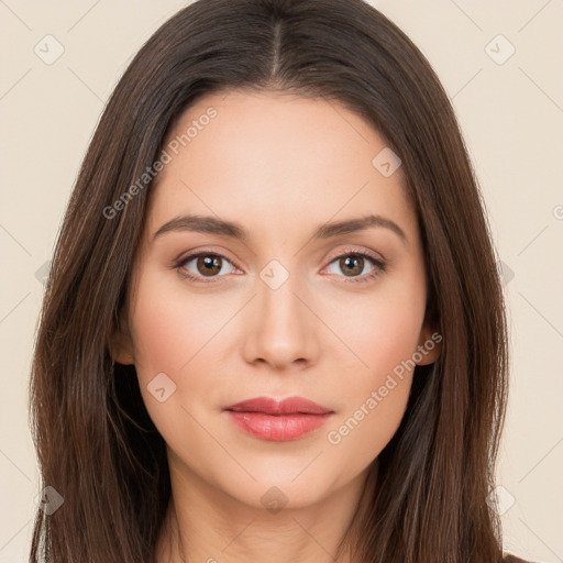 Neutral white young-adult female with long  brown hair and brown eyes