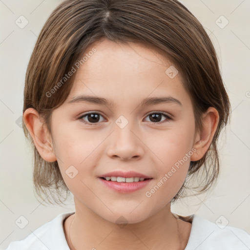 Joyful white child female with medium  brown hair and brown eyes