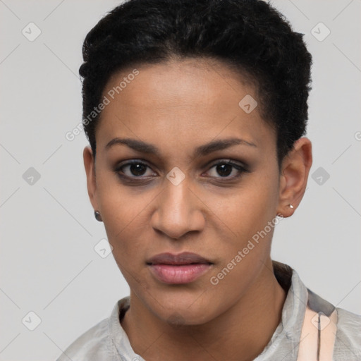 Joyful latino young-adult female with short  black hair and brown eyes