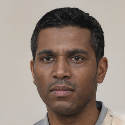 Neutral black adult male with short  black hair and brown eyes