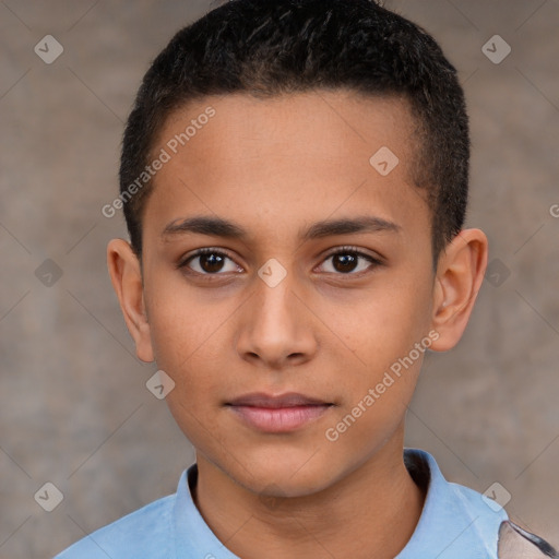 Neutral latino young-adult male with short  brown hair and brown eyes