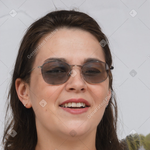 Joyful white young-adult female with long  brown hair and blue eyes