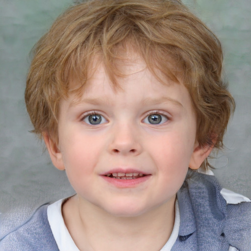 Joyful white child female with medium  brown hair and blue eyes