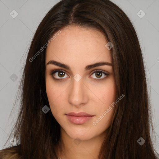 Neutral white young-adult female with long  brown hair and brown eyes