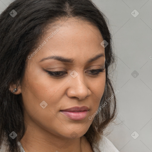 Joyful latino young-adult female with medium  brown hair and brown eyes