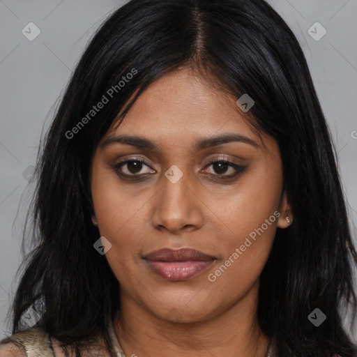 Joyful asian young-adult female with long  black hair and brown eyes