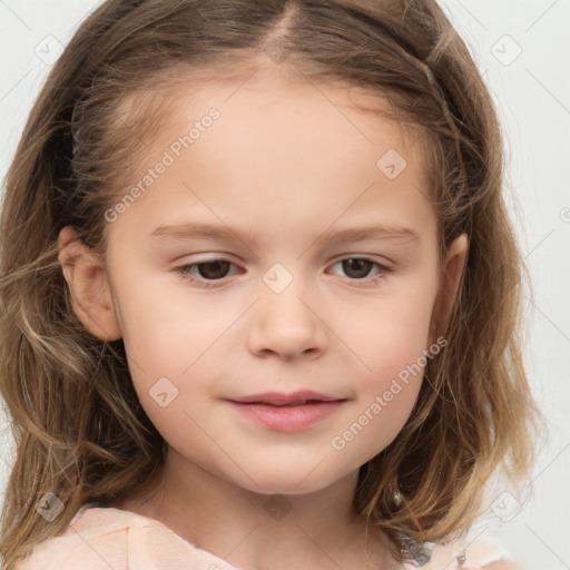 Joyful white child female with medium  brown hair and brown eyes