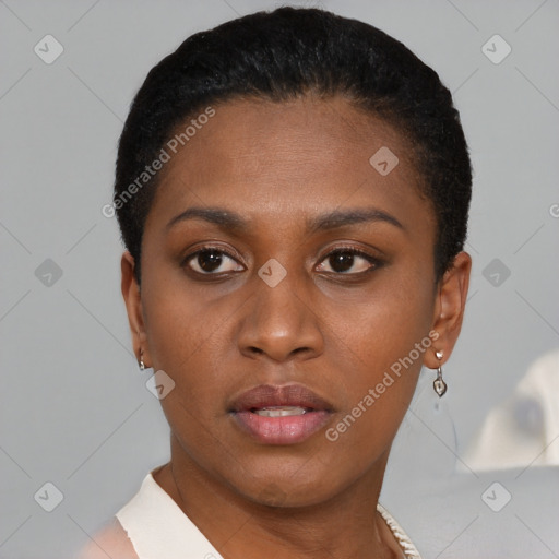 Neutral black young-adult female with short  black hair and brown eyes