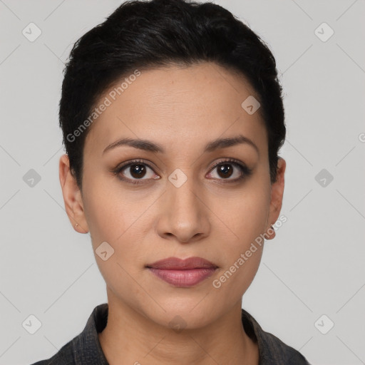 Joyful latino young-adult female with short  black hair and brown eyes