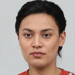 Neutral asian young-adult female with short  black hair and brown eyes