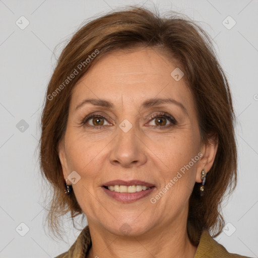 Joyful white adult female with medium  brown hair and brown eyes