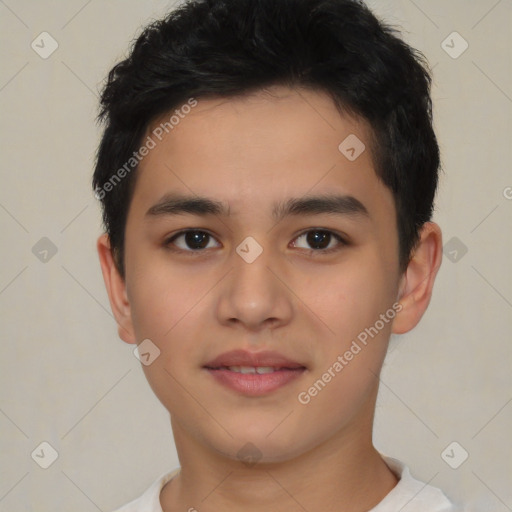 Joyful latino young-adult male with short  brown hair and brown eyes