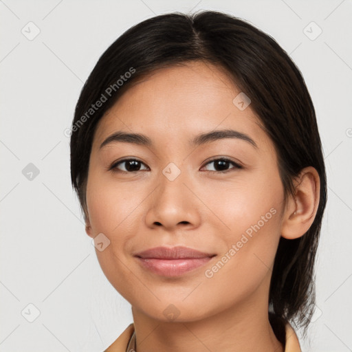 Joyful white young-adult female with medium  brown hair and brown eyes