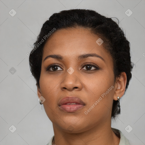 Neutral latino adult female with short  brown hair and brown eyes