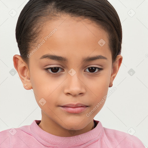 Joyful white child female with short  brown hair and brown eyes