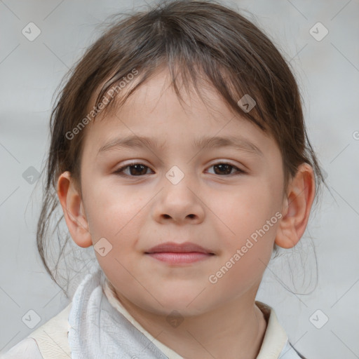 Joyful white child female with medium  brown hair and brown eyes