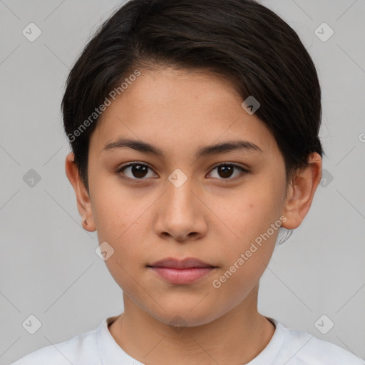 Neutral white young-adult female with short  brown hair and brown eyes