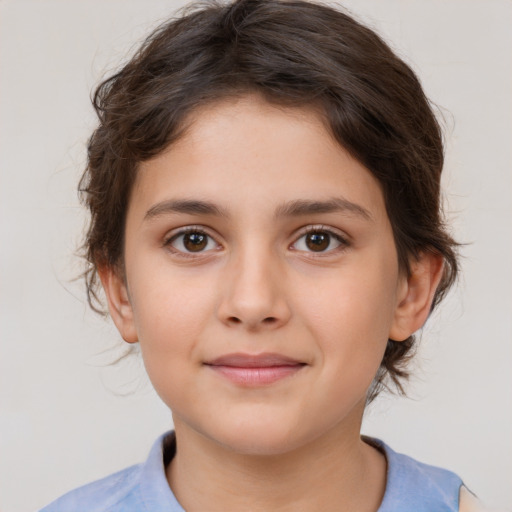 Joyful white child female with medium  brown hair and brown eyes