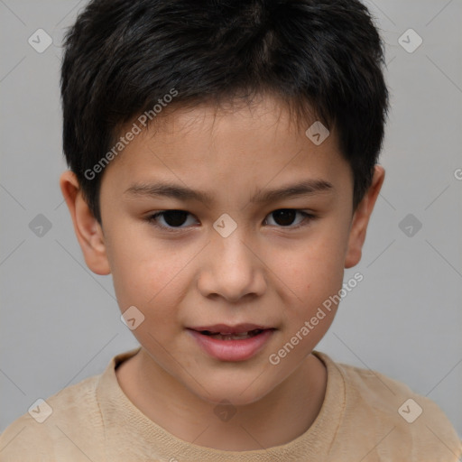 Joyful white child male with short  brown hair and brown eyes