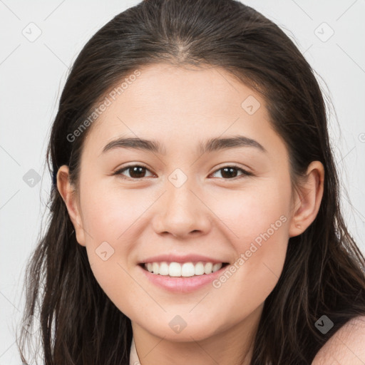 Joyful white young-adult female with long  brown hair and brown eyes