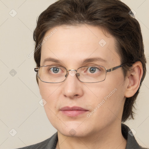 Joyful white adult female with medium  brown hair and grey eyes