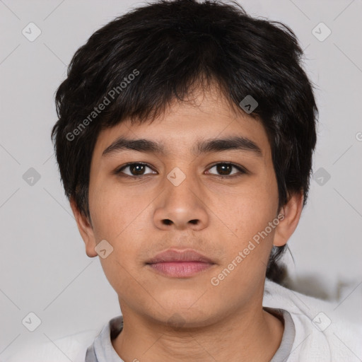 Neutral asian young-adult male with short  brown hair and brown eyes
