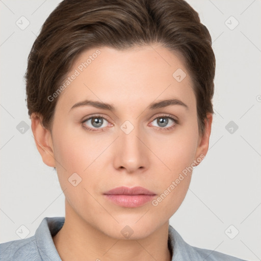 Neutral white young-adult female with short  brown hair and brown eyes