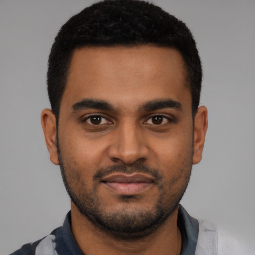 Neutral black young-adult male with short  black hair and brown eyes