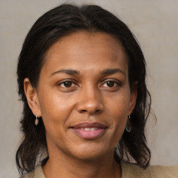 Joyful black adult female with medium  brown hair and brown eyes